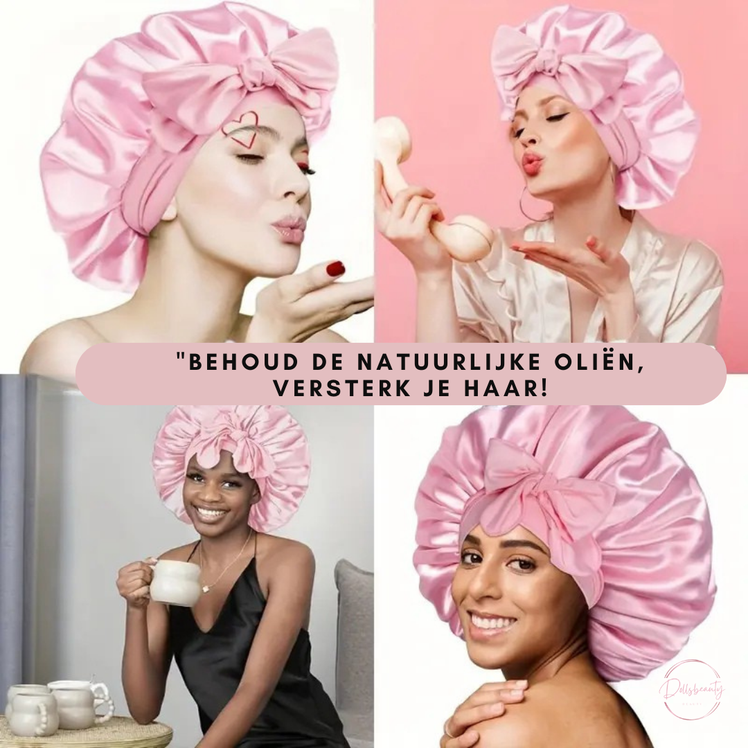 Luxe Satijnen Slaapmuts – 2 Stuks | Elastische Hoofdband met Lange Strikken