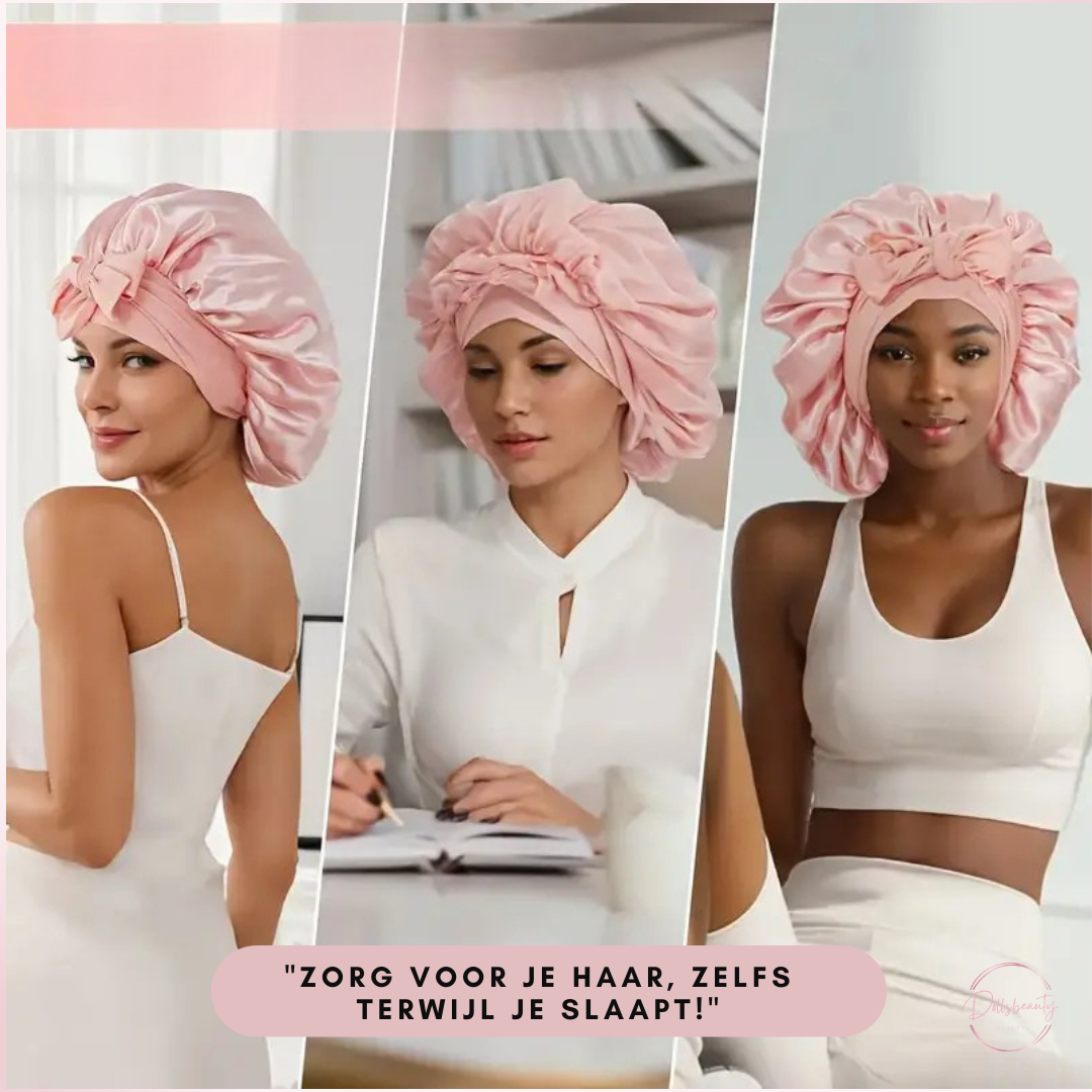 Luxe Satijnen Slaapmuts – 2 Stuks | Elastische Hoofdband met Lange Strikken