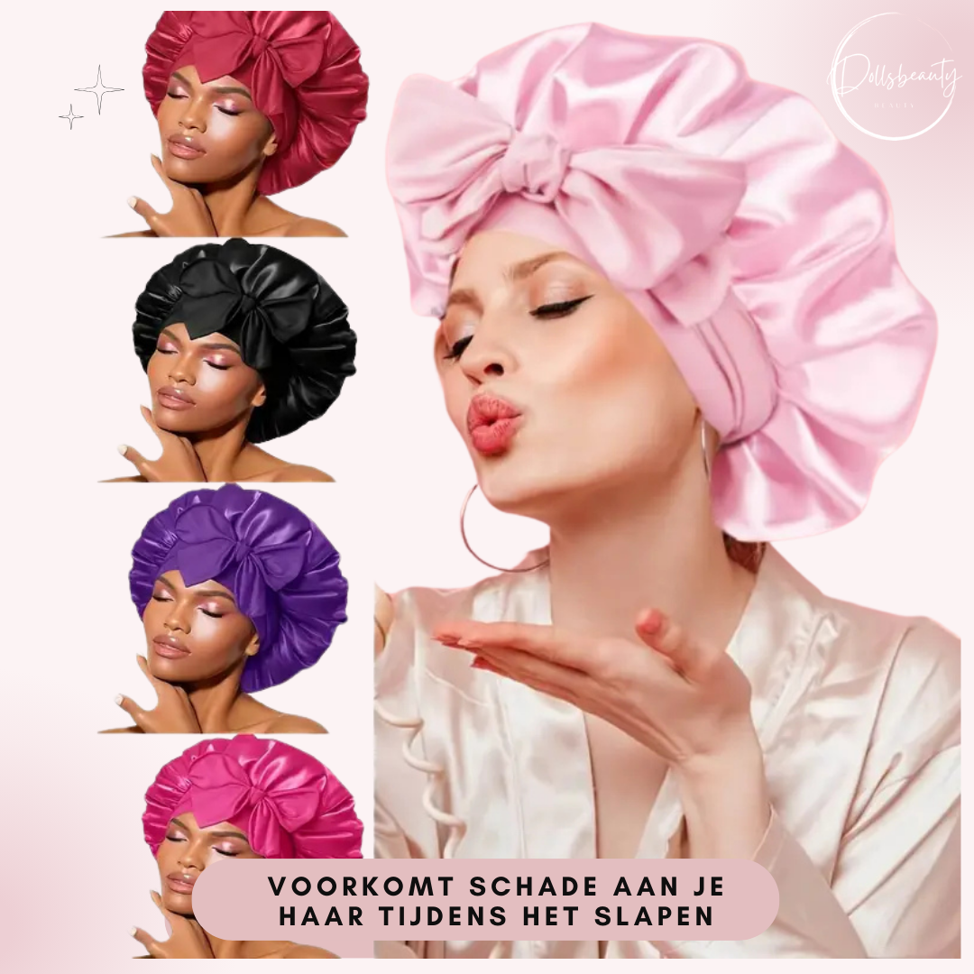 Luxe Satijnen Slaapmuts – 2 Stuks | Elastische Hoofdband met Lange Strikken