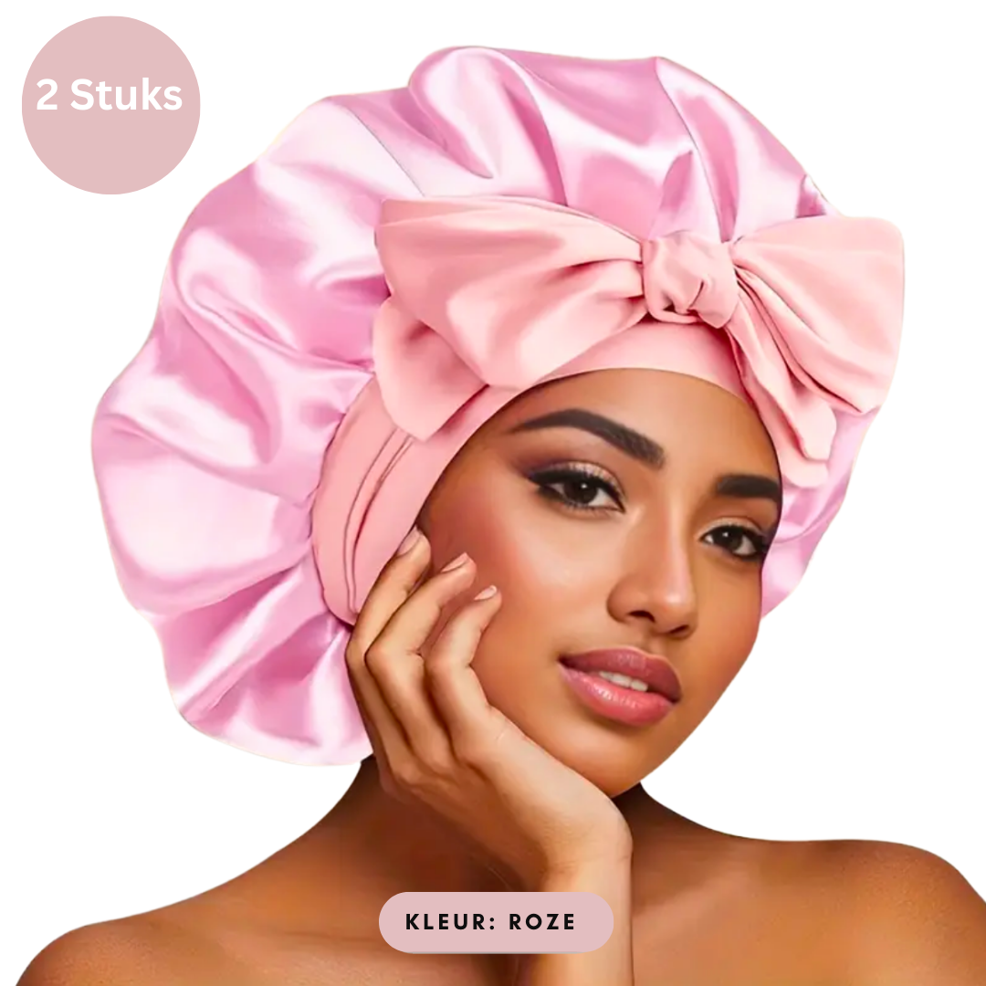 Luxe Satijnen Slaapmuts – 2 Stuks | Elastische Hoofdband met Lange Strikken