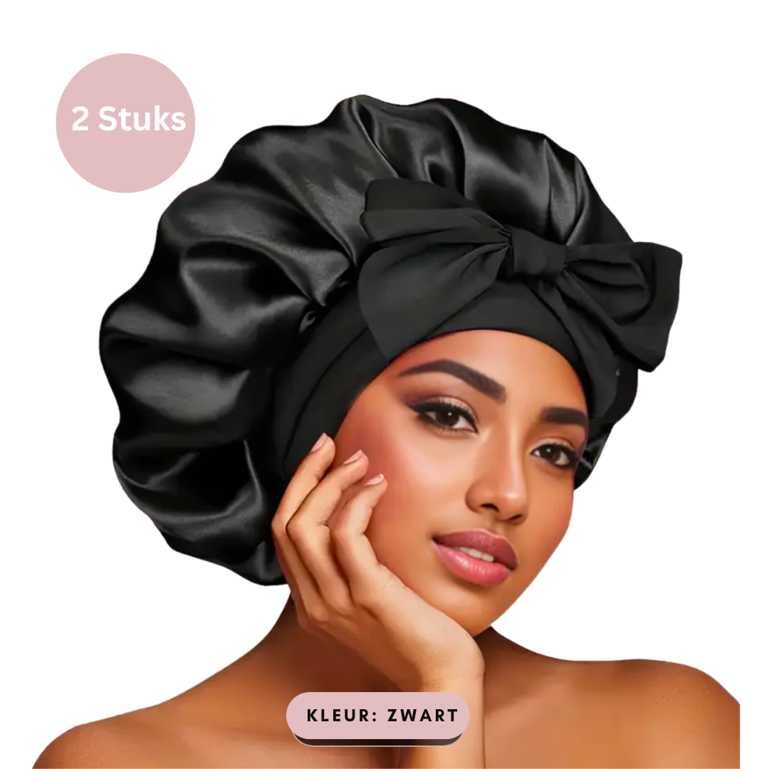 Luxe Satijnen Slaapmuts – 2 Stuks | Elastische Hoofdband met Lange Strikken