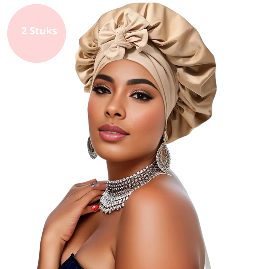 Luxe Satijnen Slaapmuts – 2 Stuks | Elastische Hoofdband met Lange Strikken