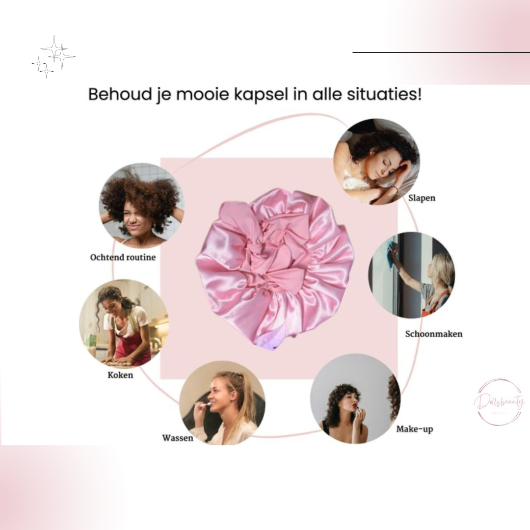 Luxe Satijnen Slaapmuts – 2 Stuks | Elastische Hoofdband met Lange Strikken