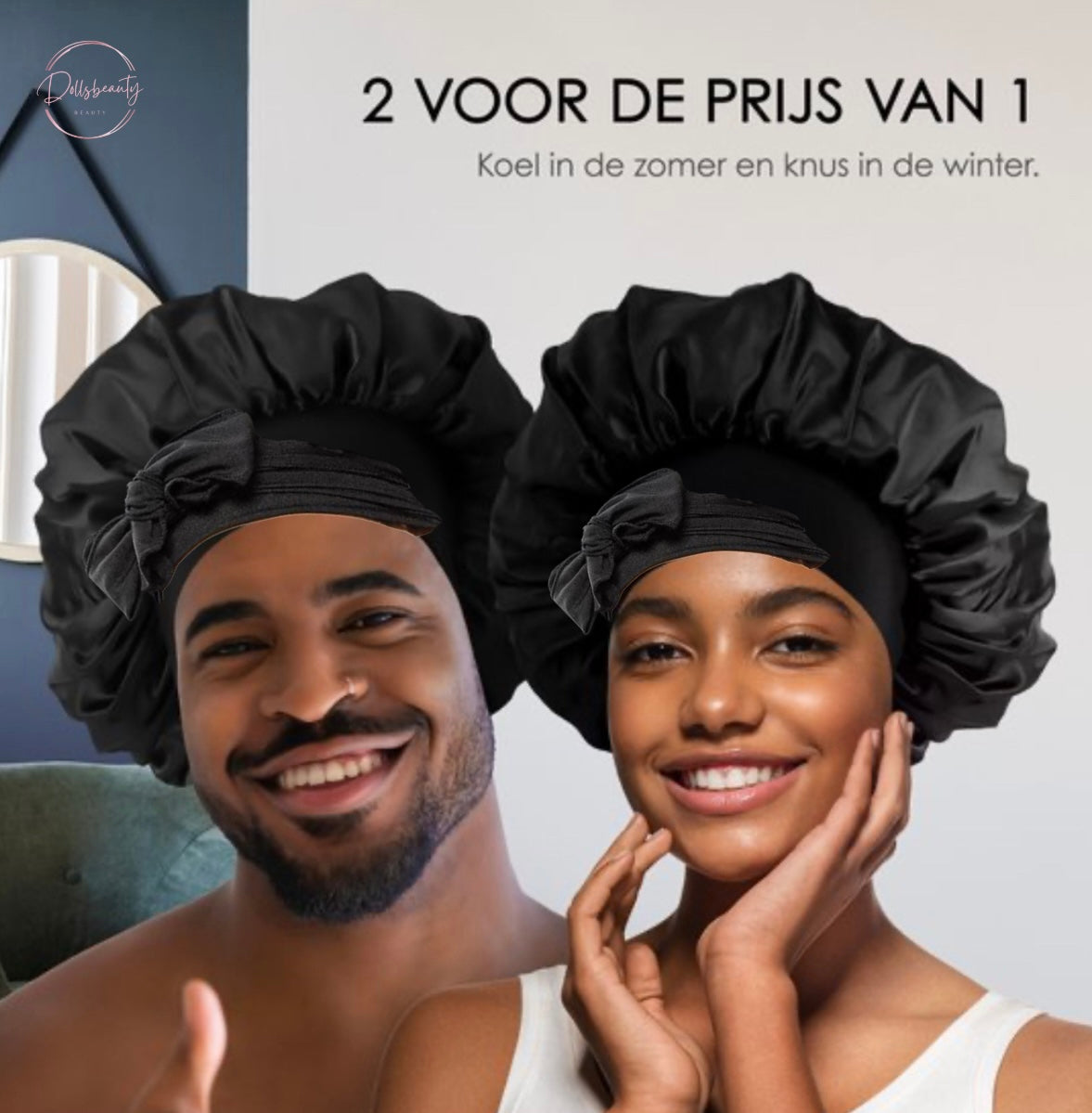 Luxe Satijnen Slaapmuts – 2 Stuks | Elastische Hoofdband met Lange Strikken