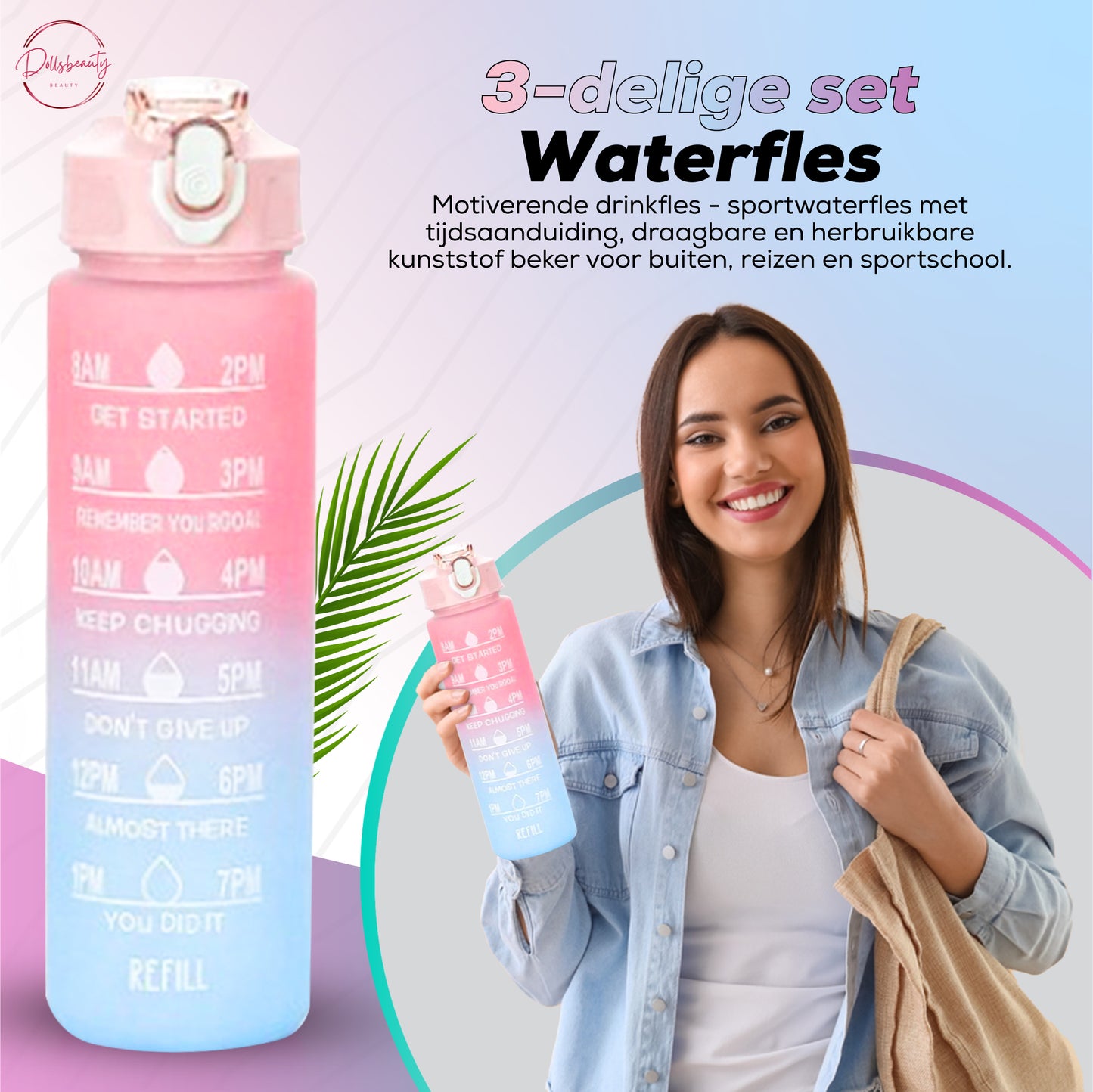 2 Liter Drinkfles Motivatie Waterfles Met Tijdmarkering - 3 Stuks