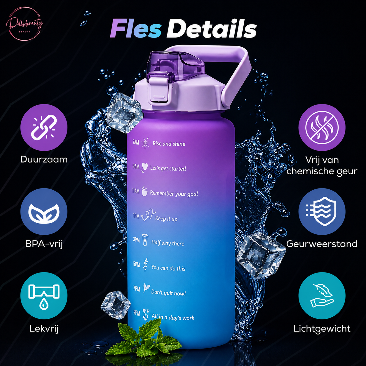 2 Liter Drinkfles Motivatie Waterfles Met Tijdmarkering - 3 Stuks