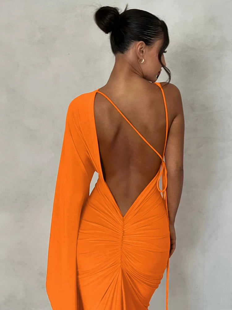 One Shoulder Ruched Evening Party Dresses Orange