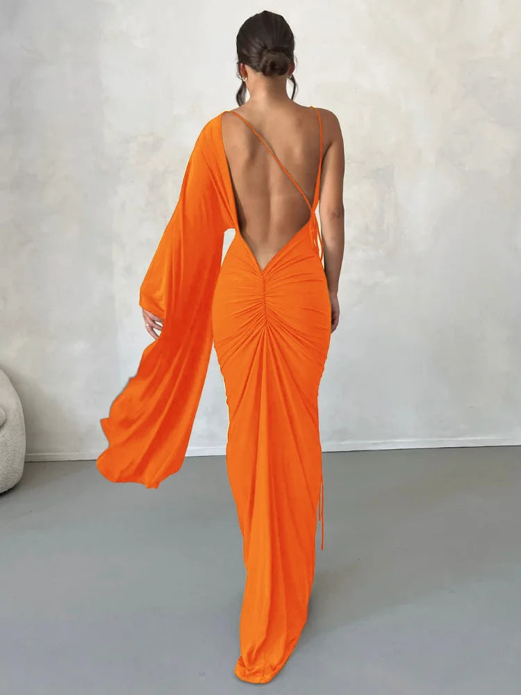 One Shoulder Ruched Evening Party Dresses Orange