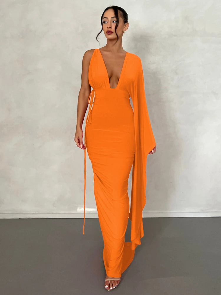 One Shoulder Ruched Evening Party Dresses Orange