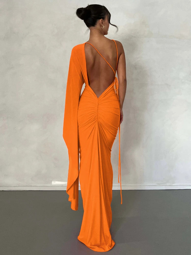 One Shoulder Ruched Evening Party Dresses Orange